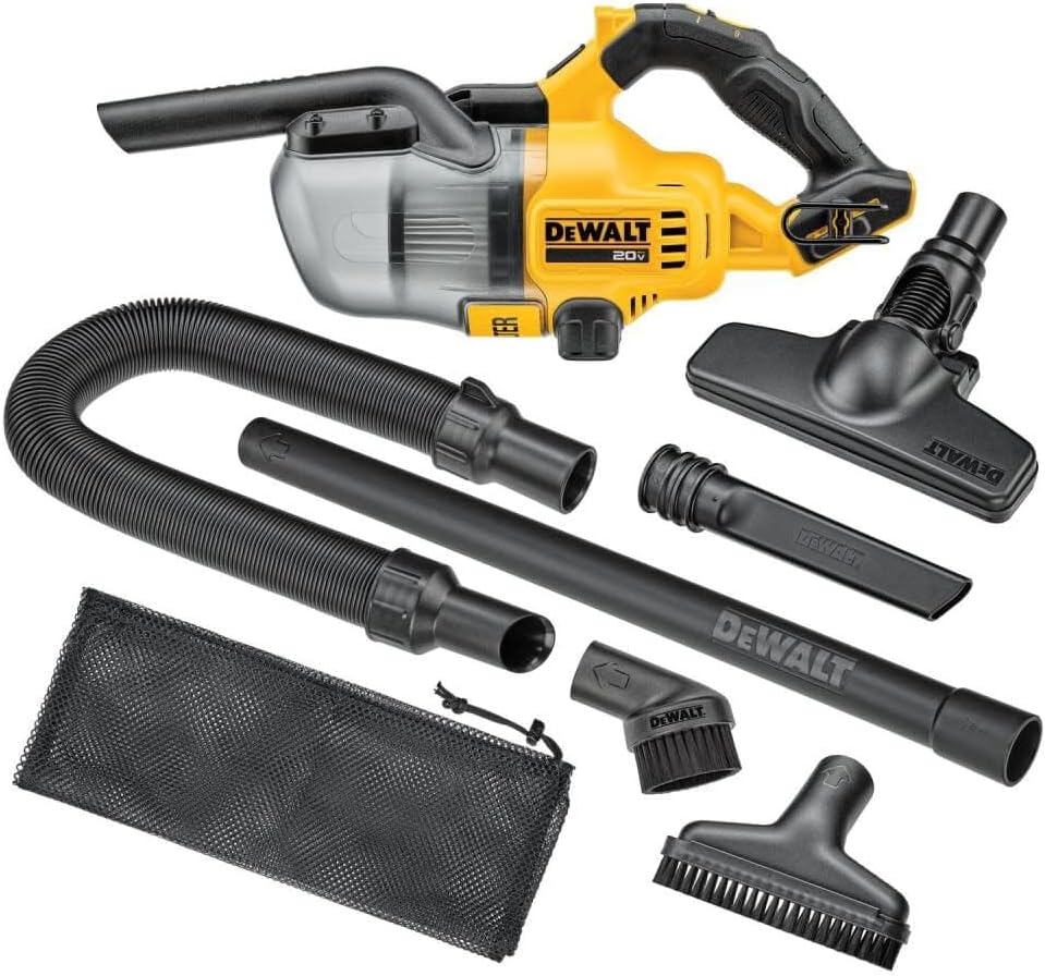 DEWALT 20V Cordless Handheld Vacuum with various attachments including a flexible hose, brush, and nozzle, displayed on a white background.