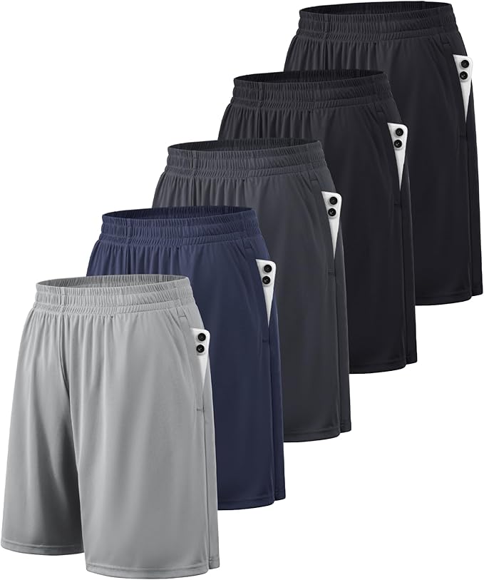 Five pairs of BALENNZ athletic shorts in varying colors, featuring pockets and elastic waistbands.
