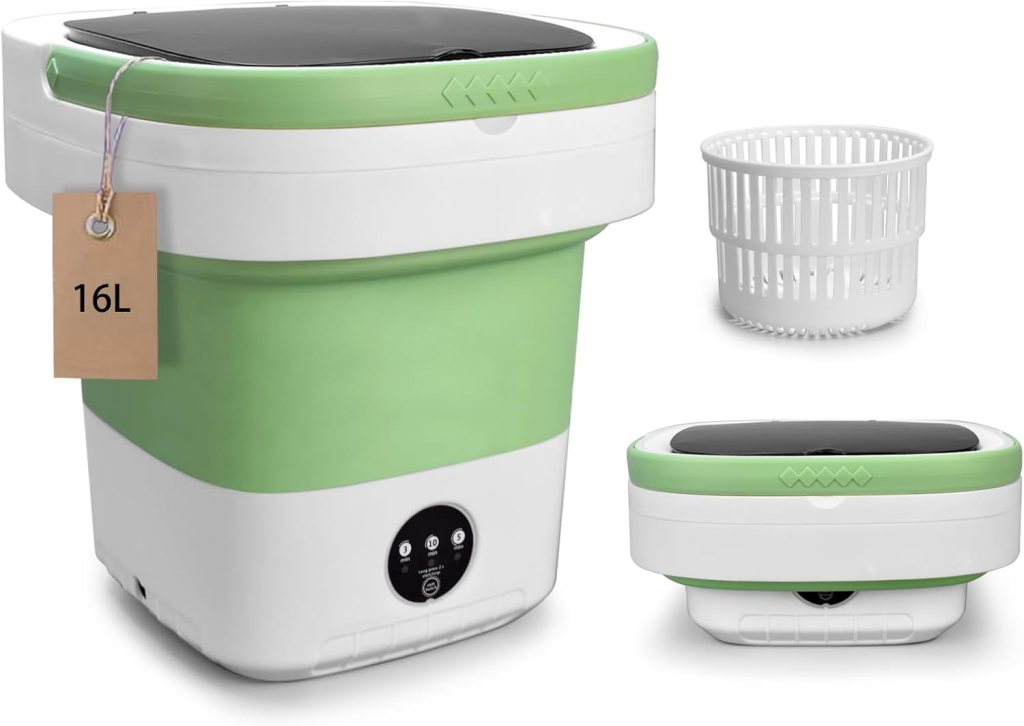 Portable washing machine with a 16L capacity, featuring a green and white design, spin basket, and multiple cleaning modes, ideal for travel and small spaces.