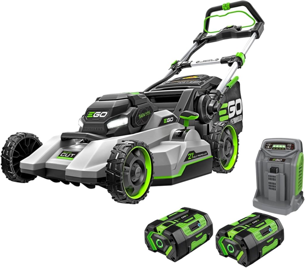 EGO POWER+ Electric Lawn Mower, self-propelled cordless, includes two 56V 6.0Ah batteries and a rapid charger.