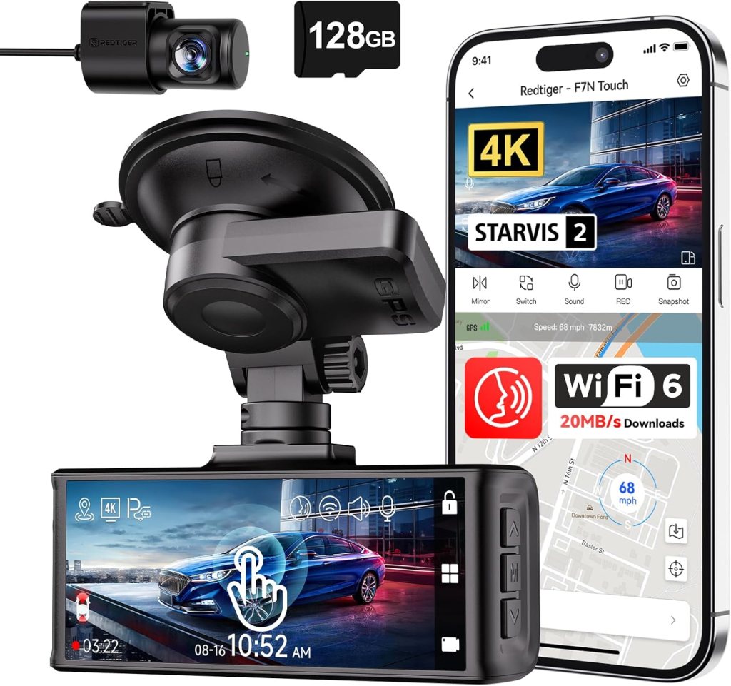 An image of a REDTIGER 4K dash cam featuring a front and rear camera setup, a touchscreen display, and a smartphone displaying its features, including GPS and WiFi connectivity.