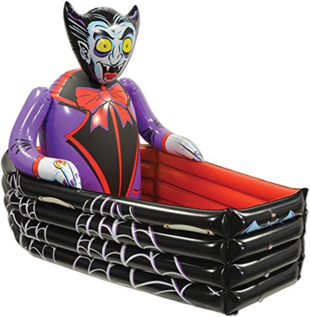 An inflatable Halloween cooler designed like a vampire, featuring a black and purple color scheme with spider web patterns.