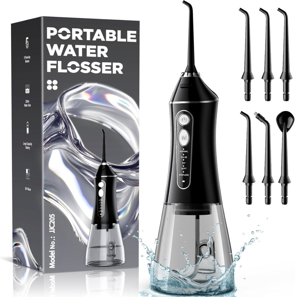 A portable water flosser displayed alongside its box, featuring five interchangeable tips, a 320ml water tank, and a sleek black design.