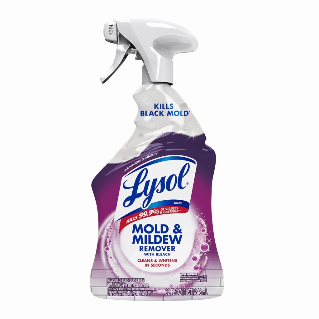 Lysol Mold & Mildew Remover spray bottle with bleach, 32oz, designed for disinfecting and cleaning bathrooms, showers, and kitchens.