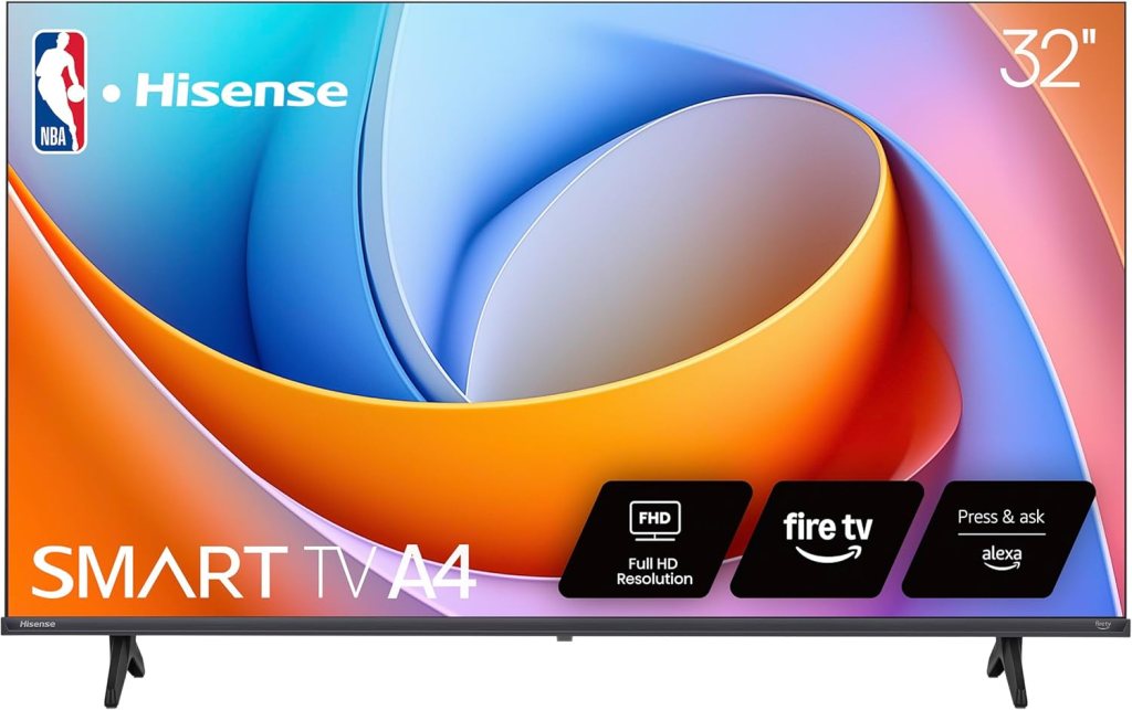 A 32-inch Hisense Smart TV A4 featuring full HD resolution, Fire TV capabilities, and Alexa integration, with vibrant orange and blue design elements.