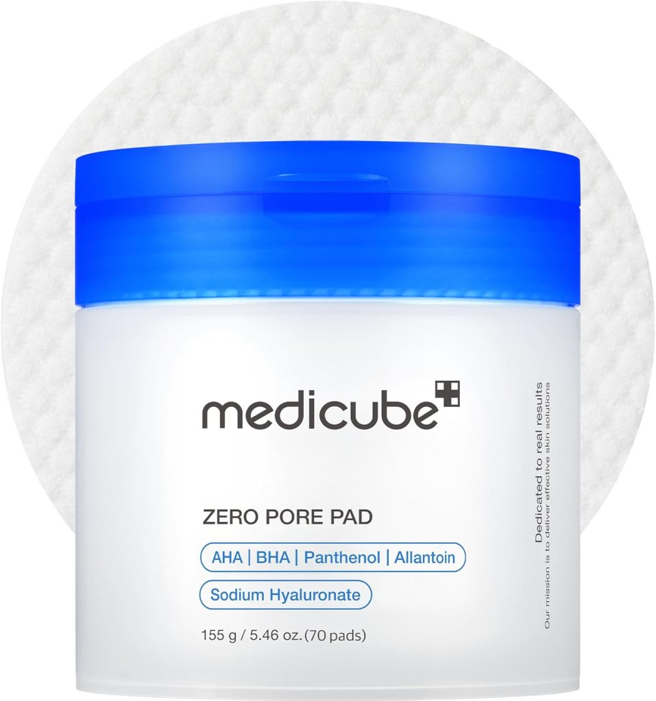 Container of Medicube Zero Pore Pad, featuring exfoliating facial toner pads with AHA and BHA ingredients, designed for pore care, labeled for 70 units.