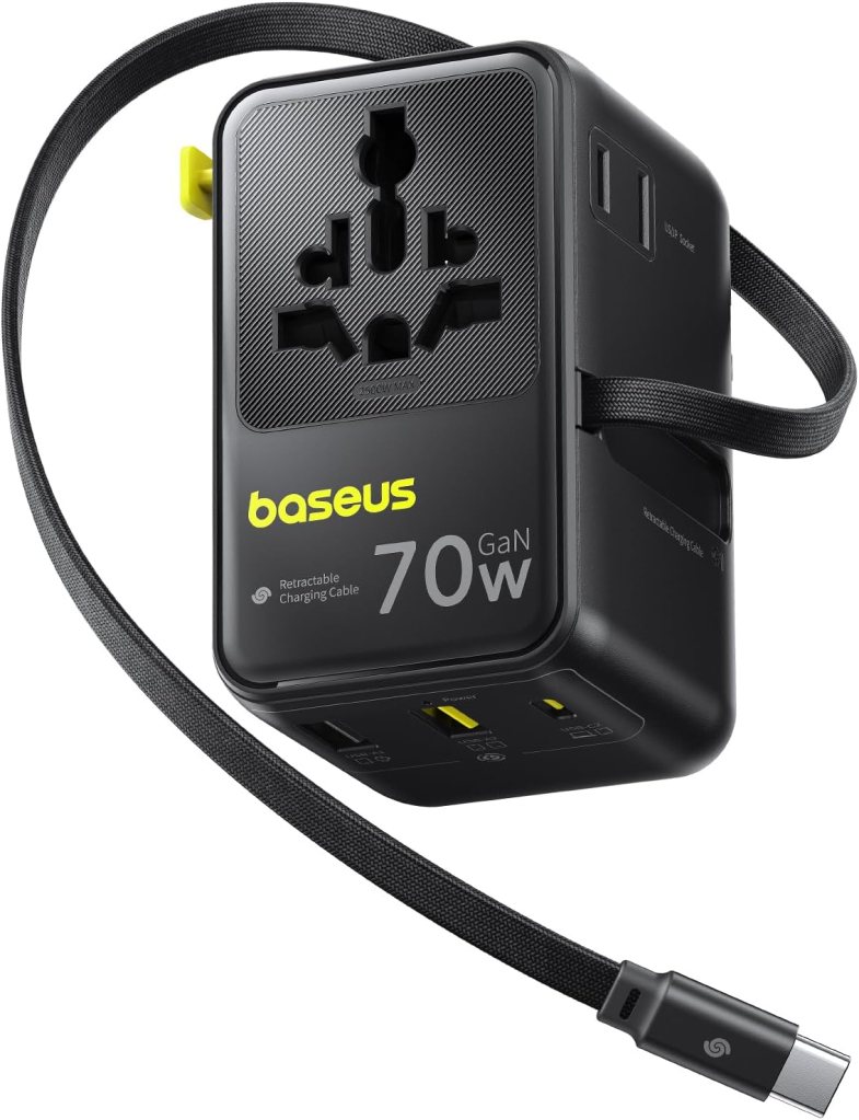 Baseus 70W Universal Travel Adapter with retractable cable, featuring various international plug options and USB-C PD fast charging.