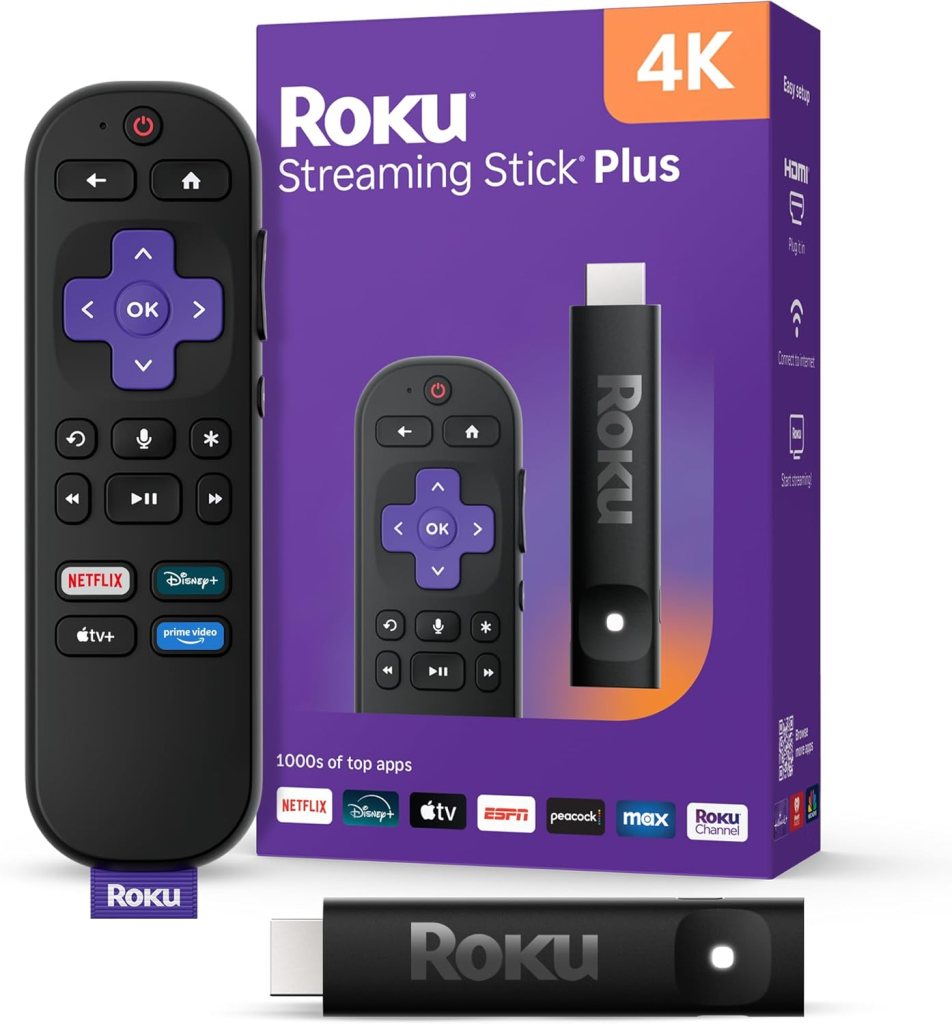 Roku Streaming Stick Plus 2025 with remote, 4K and HDR streaming device packaging, showcasing various app logos.