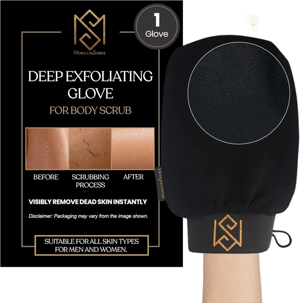 Image of a deep exfoliating glove for body scrubbing by MoroccanSource, featuring before-and-after images that demonstrate its effectiveness in removing dead skin. The glove is shown in a black design with a close-up of its textured surface.