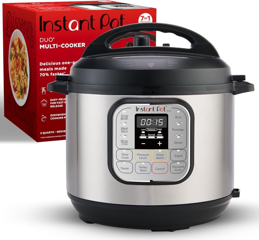Instant Pot Duo 7-in-1 Mini Electric Pressure Cooker with control panel and packaging box displayed behind.