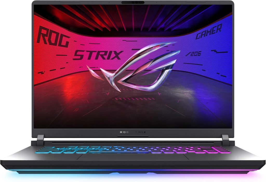 ASUS ROG Strix G16 gaming laptop with a vibrant display showing ROG Strix branding, featuring RGB lighting along the keyboard.