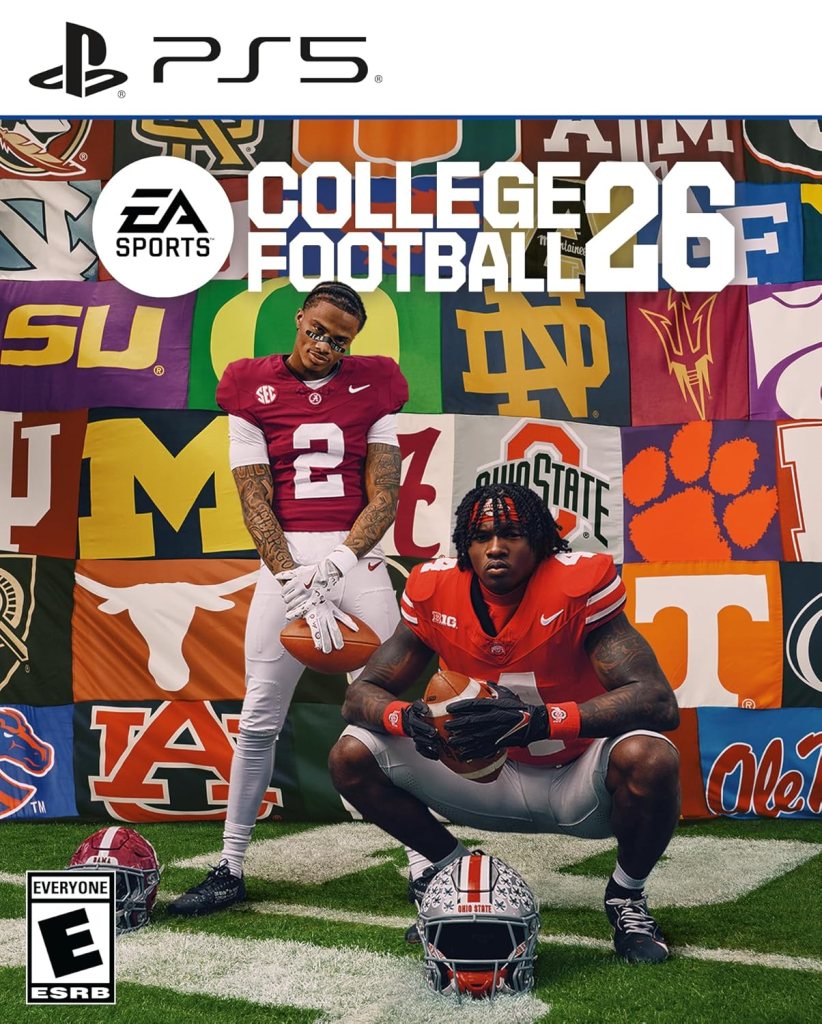 Cover art for EA SPORTS College Football 26 featuring two football players in team jerseys posing in front of various college flags.