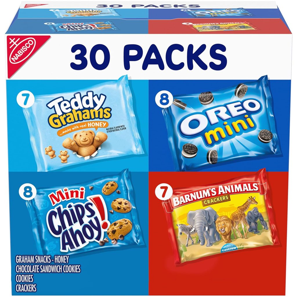 Packaging of Nabisco Team Favorites Variety Pack featuring OREO Mini, CHIPS AHOY! Mini, Teddy Grahams Honey, and Barnum's Animal Crackers, labeled '30 PACKS' with images of the snack products.