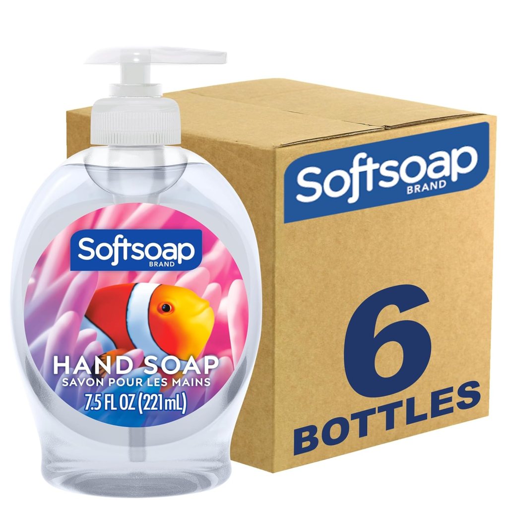 Image of a Softsoap hand soap bottle featuring a clownfish design, with a cardboard box labeled '6 BOTTLES' in the background.