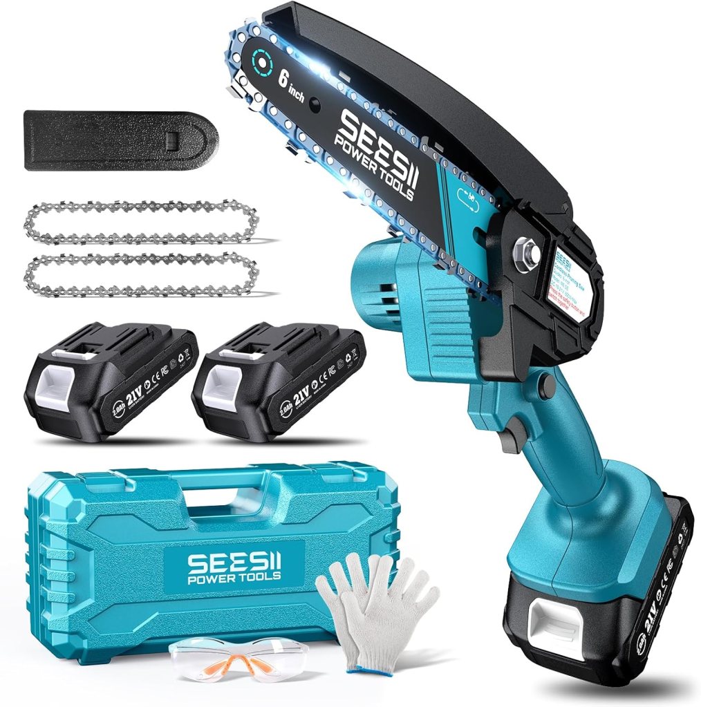 A Seesii Mini Chainsaw set, featuring a 6-inch cordless electric chainsaw, two rechargeable batteries, protective gloves, safety goggles, and a carrying case.