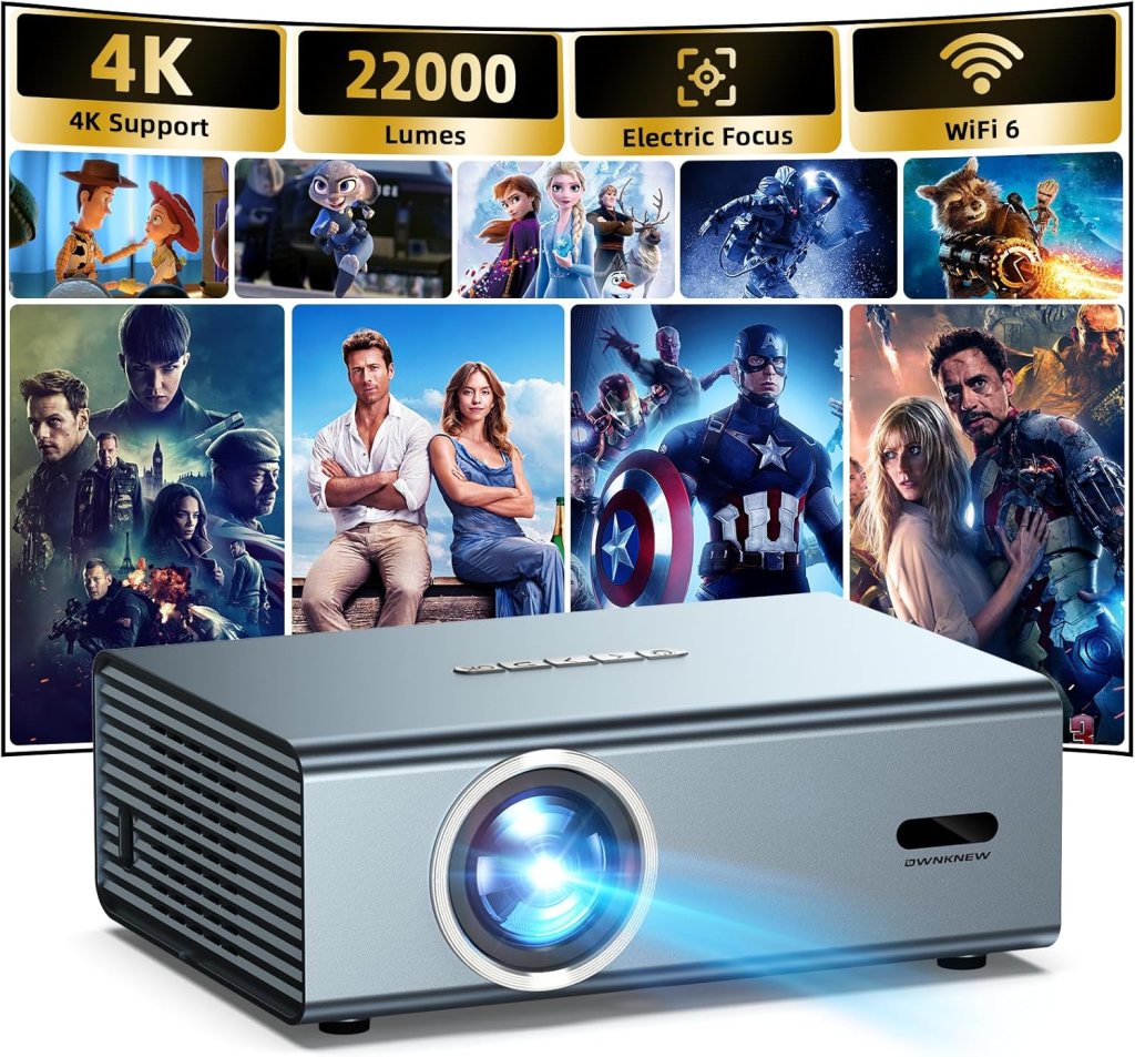 A silver projector with a lens projecting light, featuring images from various movies including animated characters and superheroes, highlighting features like 4K support, 22000 lumens, Electric Focus, and WiFi 6.