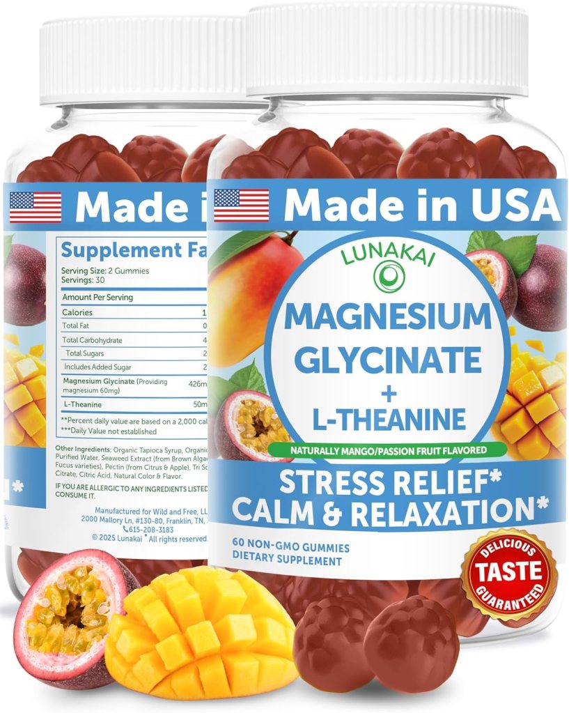 A bottle of Lunakai Magnesium Glycinate Gummies featuring a label indicating 'Made in USA', along with the product benefits such as 'Stress Relief', 'Calm & Relaxation', and flavor information. The gummies are shown in a mix of fruits including mango and passion fruit.