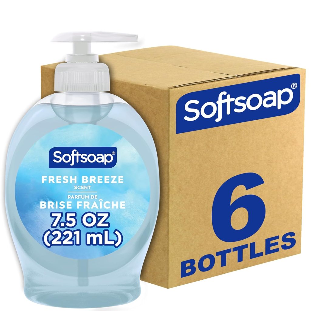 Pack of 6 Softsoap Fresh Breeze Liquid Hand Soap bottles, each 7.5 oz, featuring a pump dispenser and a blue label.