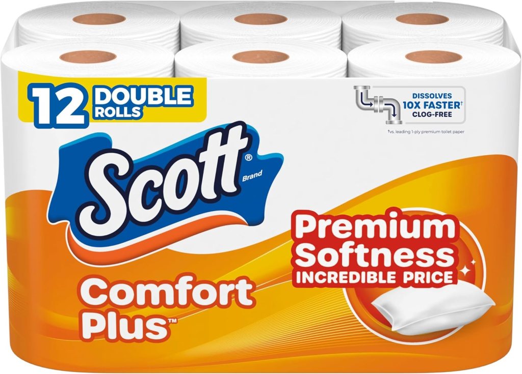 Pack of Scott ComfortPlus toilet paper featuring 12 double rolls, emphasizing premium softness and clog-free design.