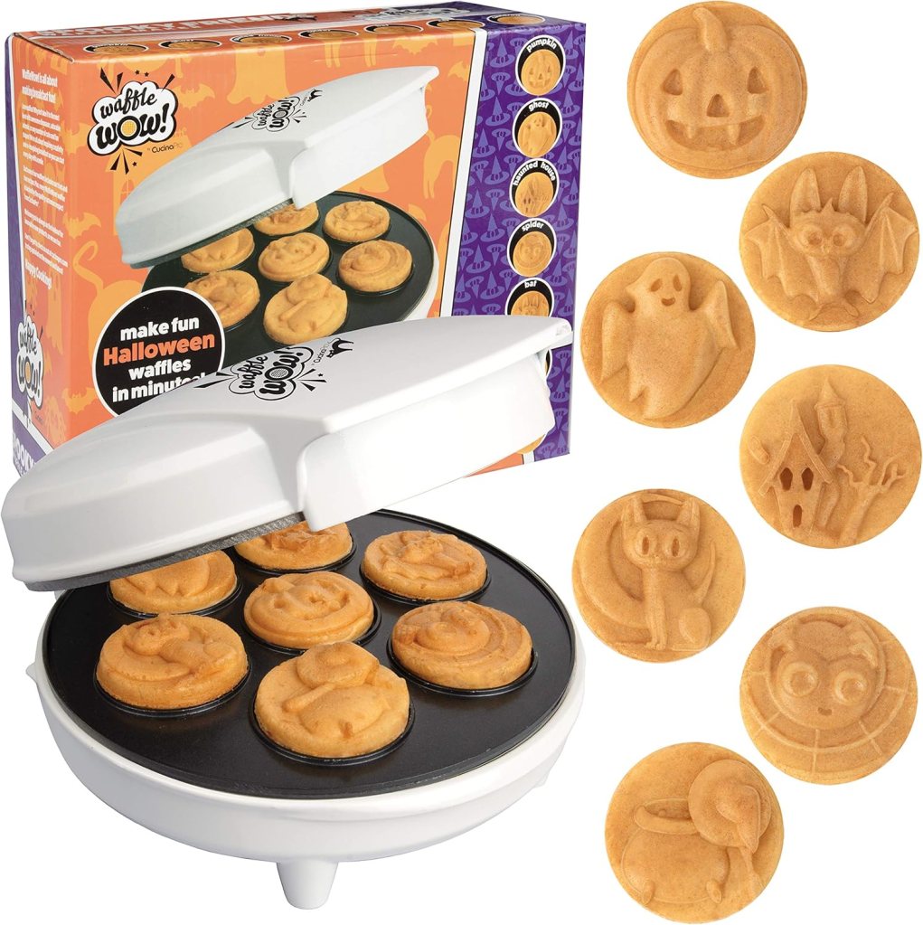 A Halloween Mini Waffle Maker with seven spooky designs, featuring a pumpkin, bat, ghost, spider, and more, shown with several finished waffles, placed next to its colorful packaging.