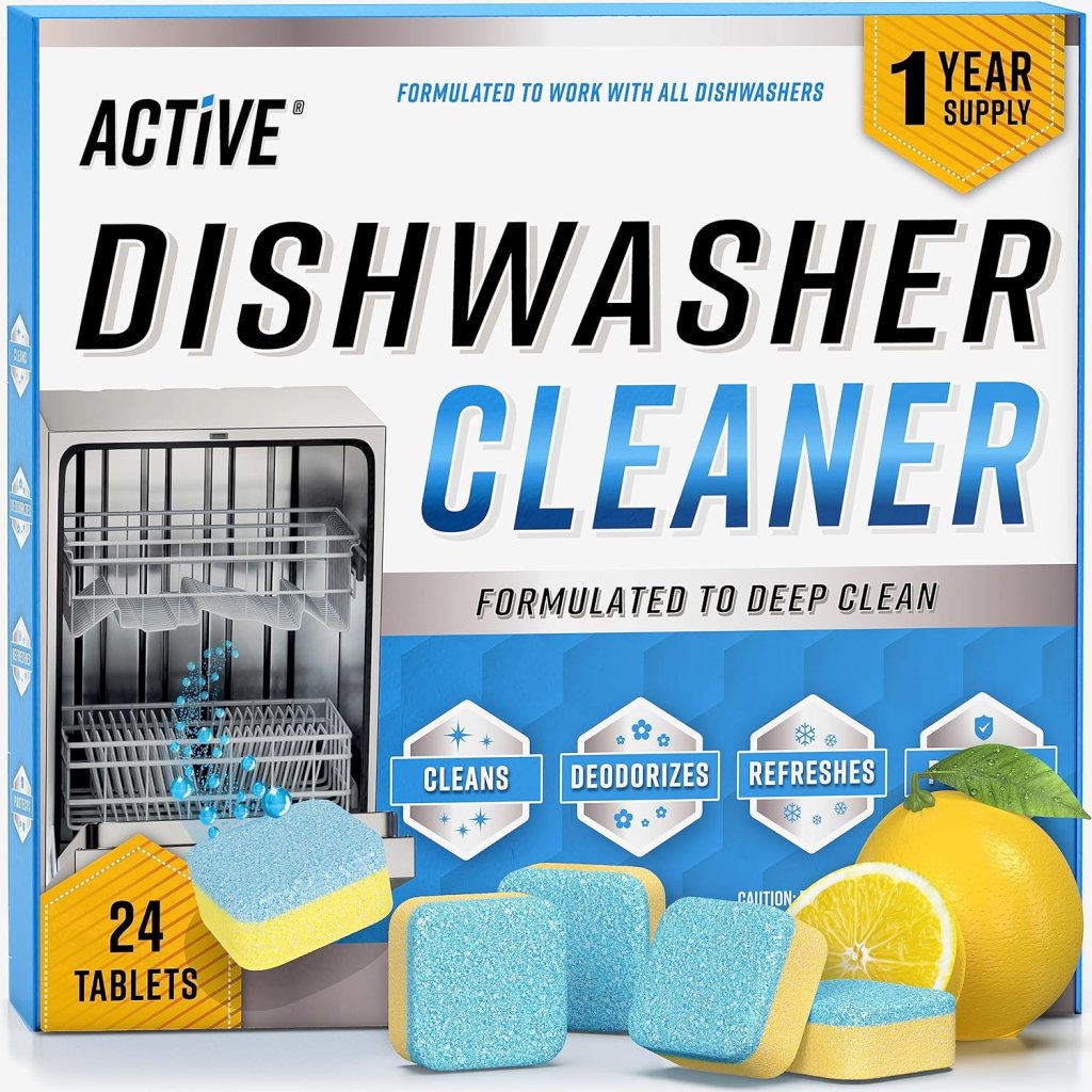 Box of Active Dishwasher Cleaner with 24 tablets, featuring cleaning and deodorizing claims, and an image of a lemon.