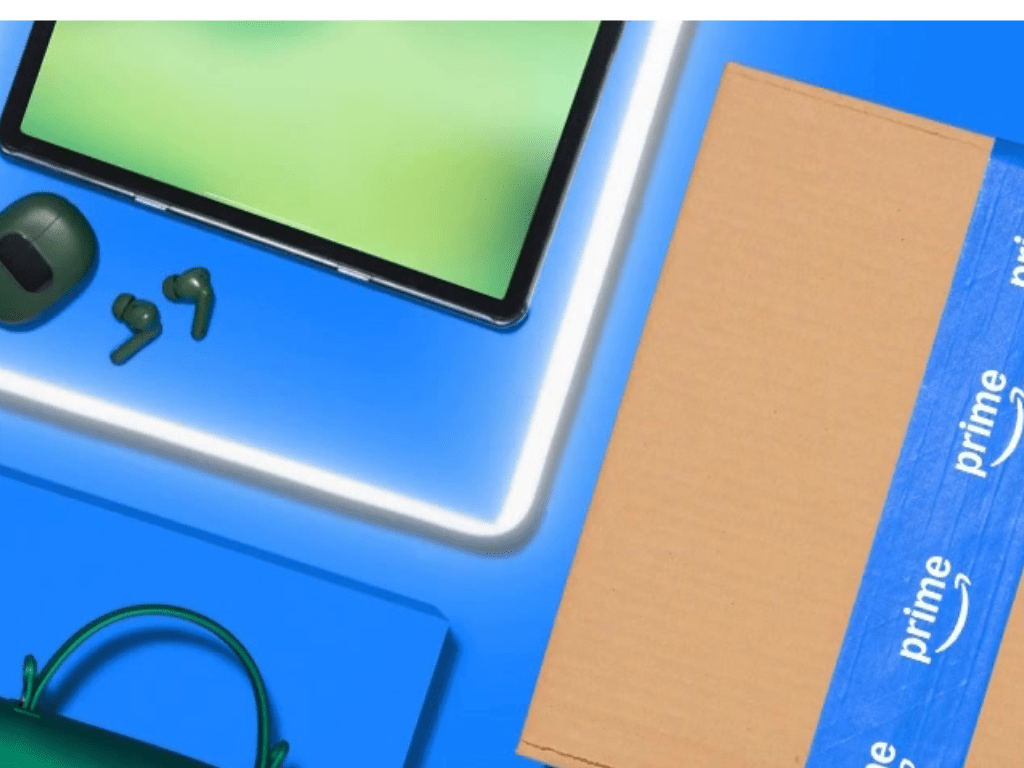 An image featuring a tablet with a green screen, green earbuds, and a cardboard box with an Amazon Prime label on a blue background.