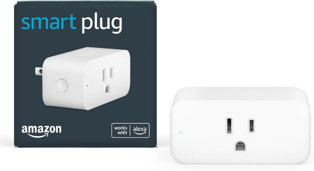 Image of an Amazon Smart Plug, a compact smart device with a white exterior, labeled 'smart plug' on the box, designed to work with Alexa.