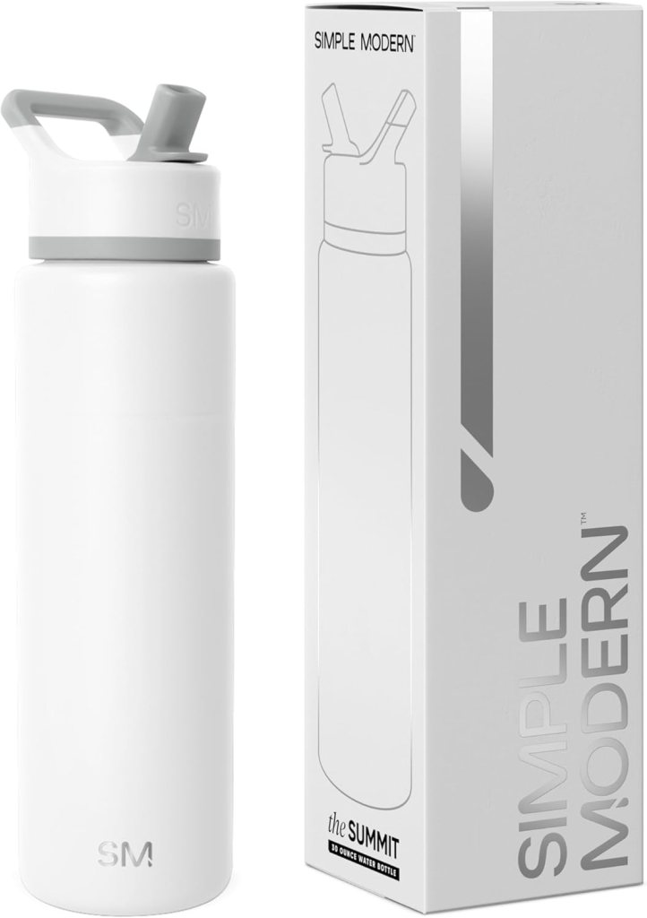 Simple Modern water bottle with straw lid next to its packaging, both in a clean white design.