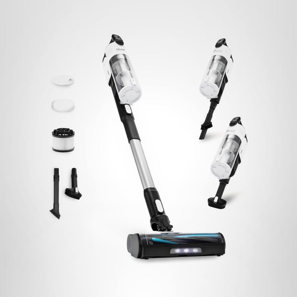 LEVOIT cordless vacuum cleaner with tangle-resistant design and multiple attachments, including a stick vacuum head, battery, and filters, displayed on a light background.