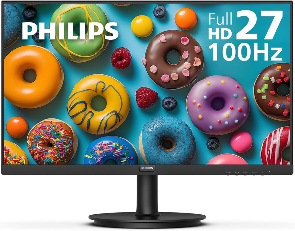Philips 27-inch Full HD monitor with a colorful background of donuts and candies.