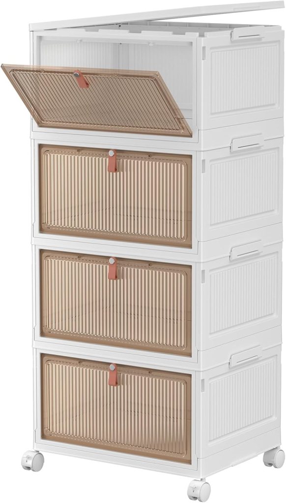 4-tier stackable storage bins with lids, featuring transparent compartments and wheels for easy mobility.