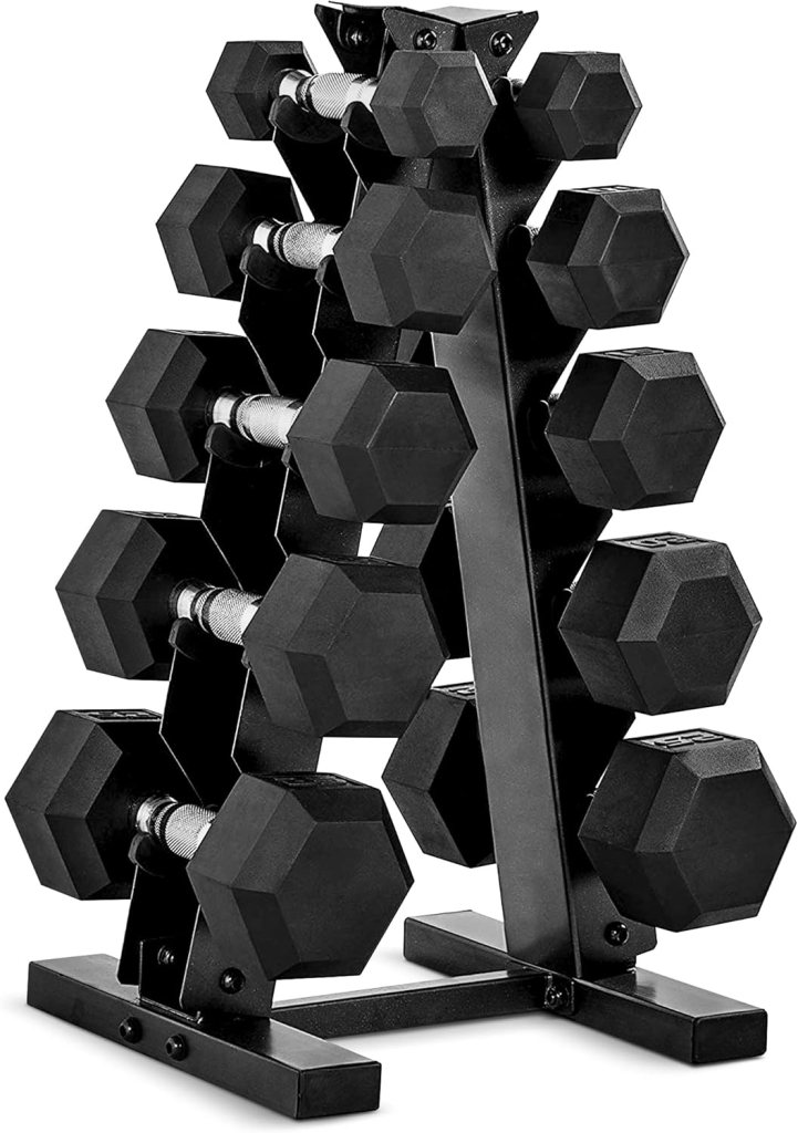 A CAP Barbell rubber-coated dumbbell weight set displayed on a vertical rack, featuring multiple pairs of hexagon-shaped dumbbells in varying weights.
