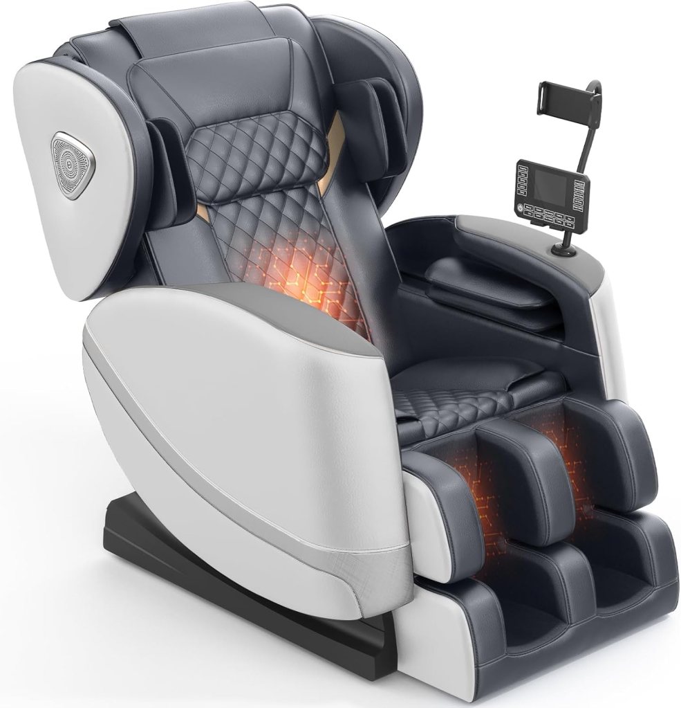 A full-body massage chair in light gray and dark gray with sleek design, featuring a touch screen controller and heating elements.