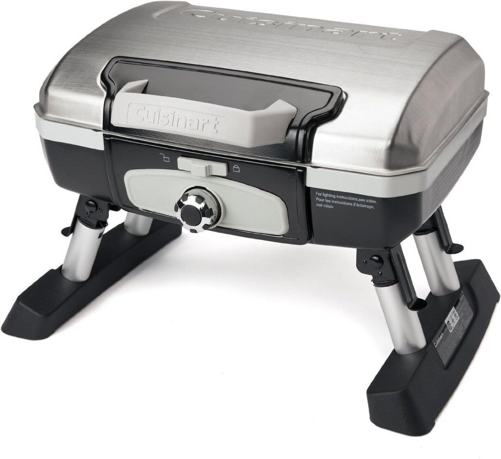 Cuisinart Petite Gourmet Portable Gas Grill featuring a compact design with stainless steel finish, folding legs, and a 5,500 BTU burner.